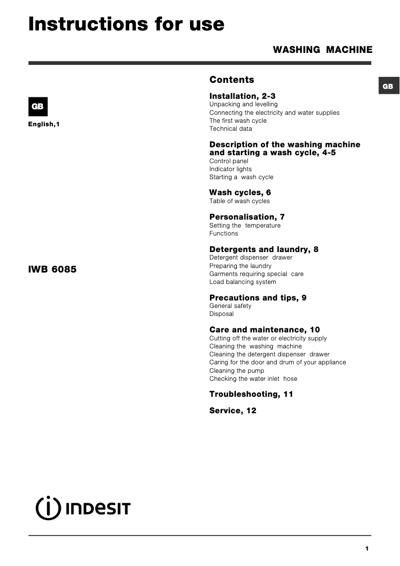 Page n°1 - Manuel utilisateur Indesit IWB 6085