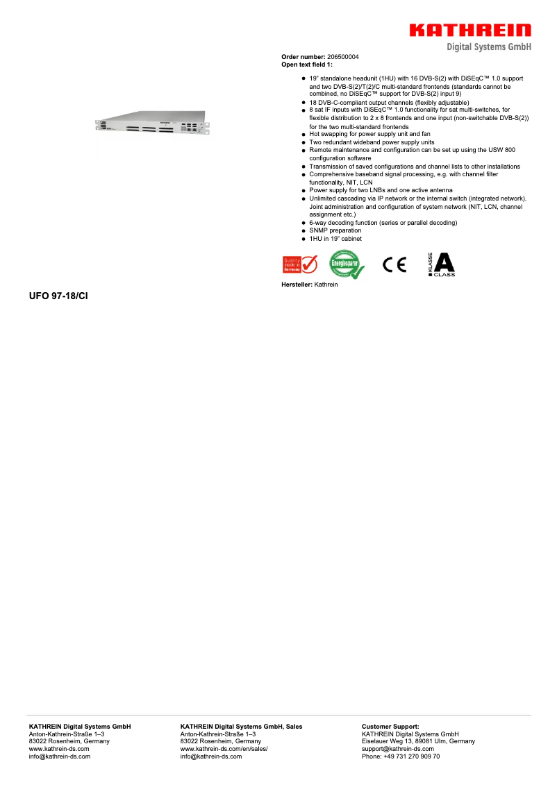 Page 1 de la notice Fiche technique Kathrein UFO 97-18/CI