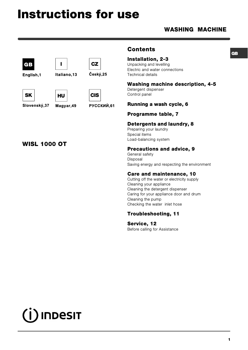 Page n°1 - Manuel utilisateur Indesit WISL 1000 OT