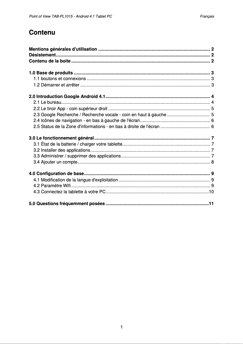 Page n°1 - Manuel utilisateur Point of View TAB-PL1015