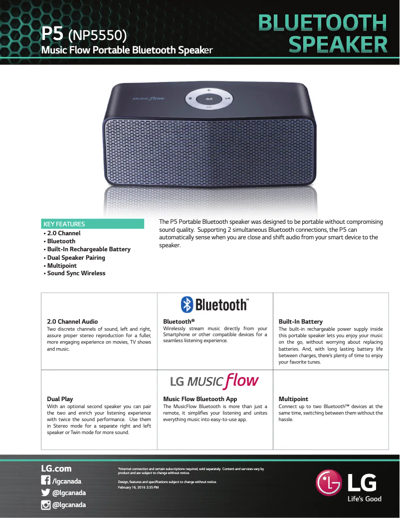 Página 1 del manual Ficha técnica LG Music Flow P5 NP5550B