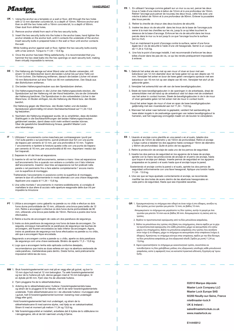 Page n°1 - Manuel utilisateur Master Lock 1489