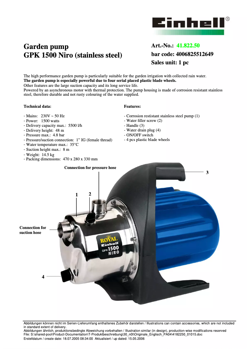 Image de la première page du manuel de l'appareil GPK 1500 Niro