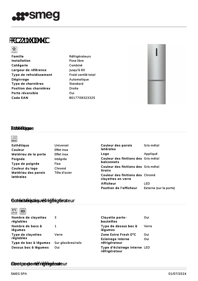 Page 1 de la notice Fiche technique Smeg FC21XDNC