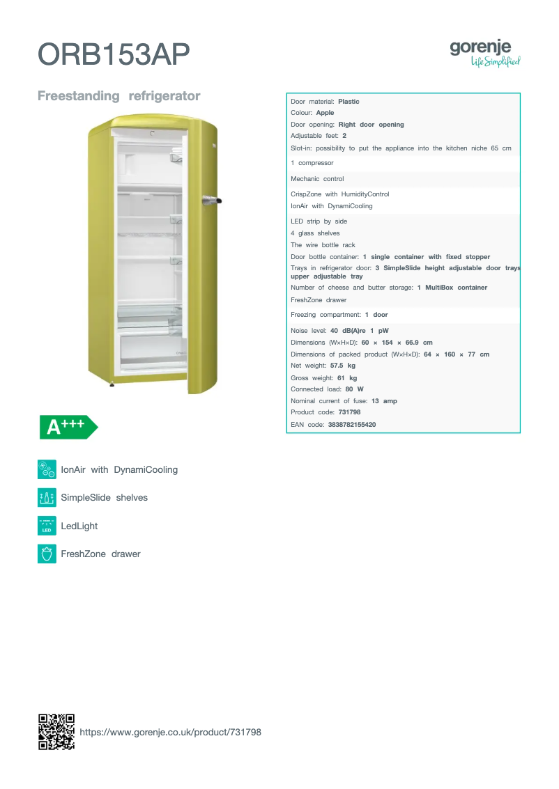 Page n°1 - Fiche technique Gorenje ORB153AP