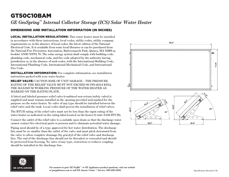 Page 1 de la notice Fiche technique GE GeoSpring GT50C10BAM