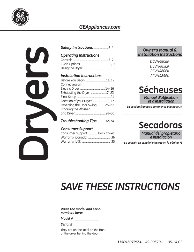 Page n°1 - Manuel d'utilisation et d'entretien GE DCVH485EKMS