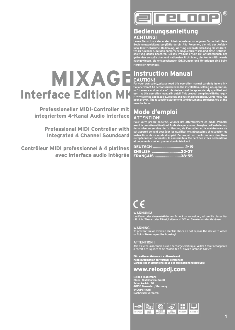 Page 1 de la notice Manuel utilisateur Reloop Mixage Interface Edition MK2