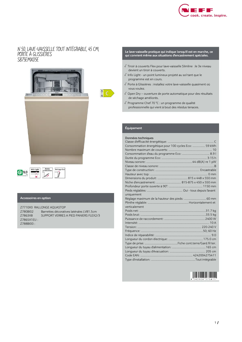 Page 1 of the manual Technical Sheet Neff S875EMX05E