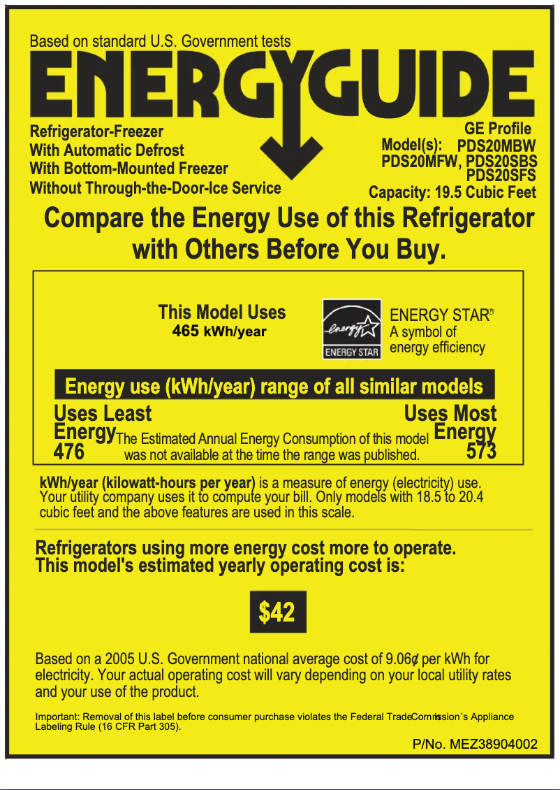 Page n°1 - Label énergétique GE Profile PDS20SFSRSS