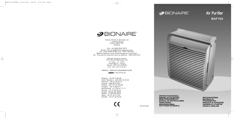Page 1 de la notice Manuel utilisateur Bionaire BAP725