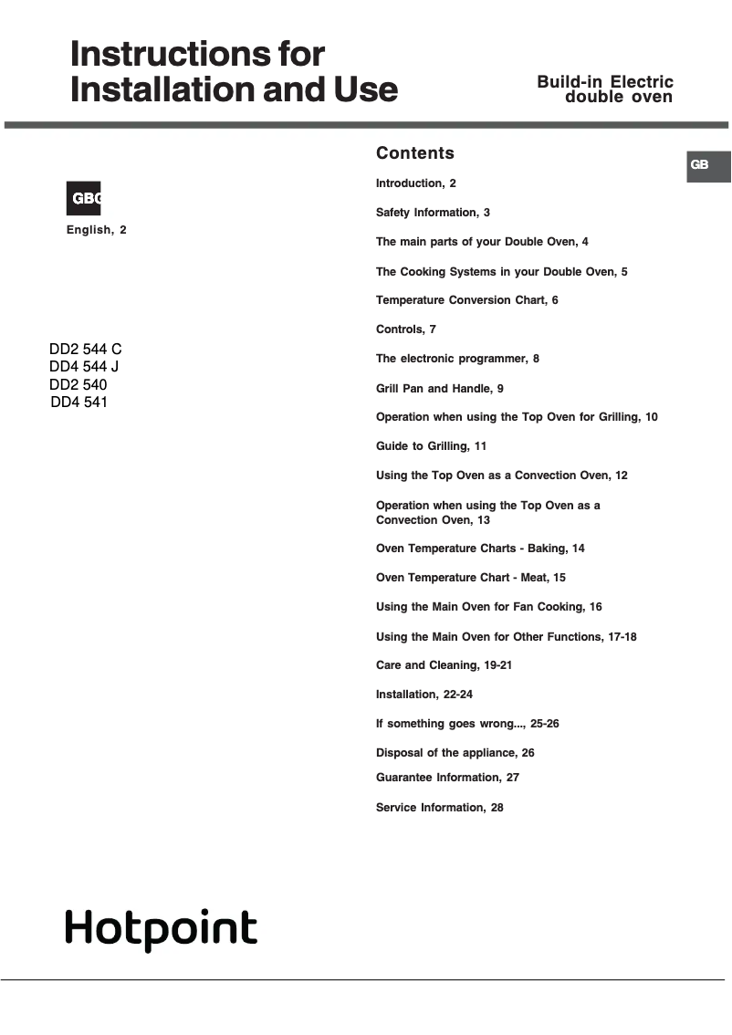 Page 1 de la notice Fiche technique Hotpoint DD2 540 BL
