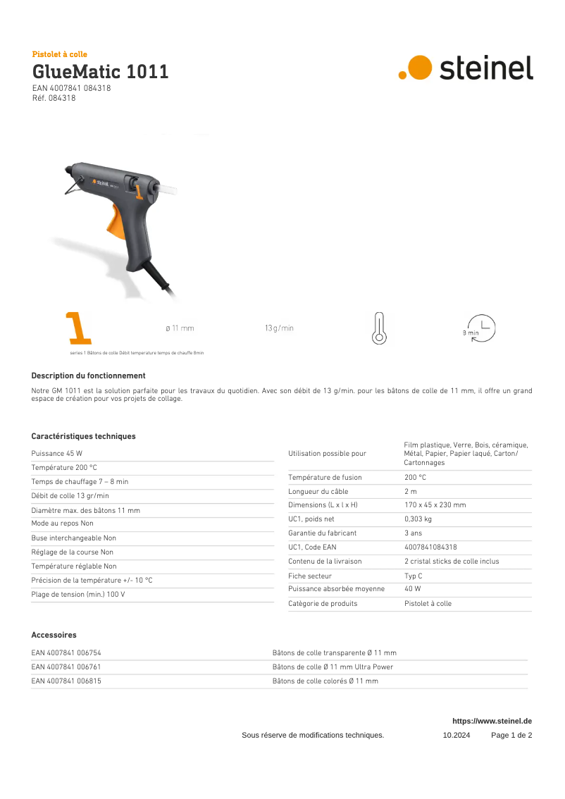 Page 1 de la notice Fiche technique Steinel GlueMatic 1011
