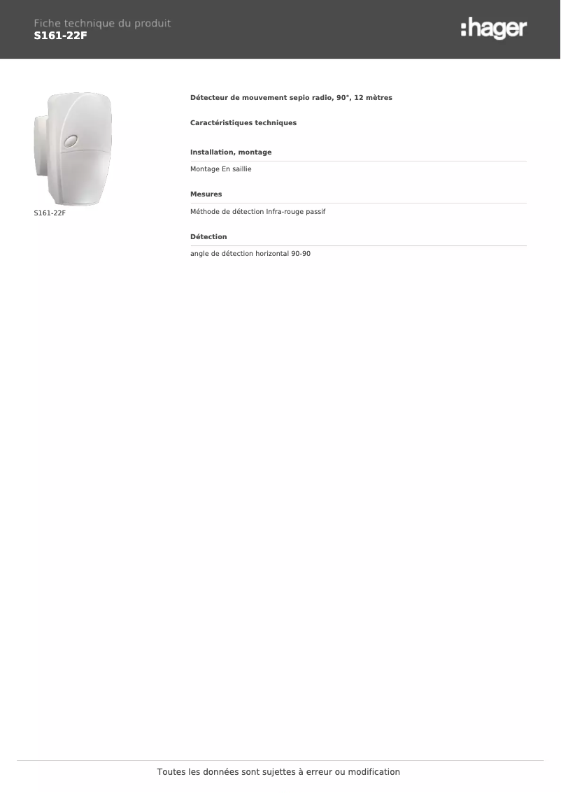 Page 1 de la notice Fiche technique Hager S161-22F