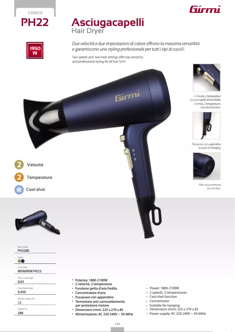 Page 1 de la notice Fiche technique Girmi PH22