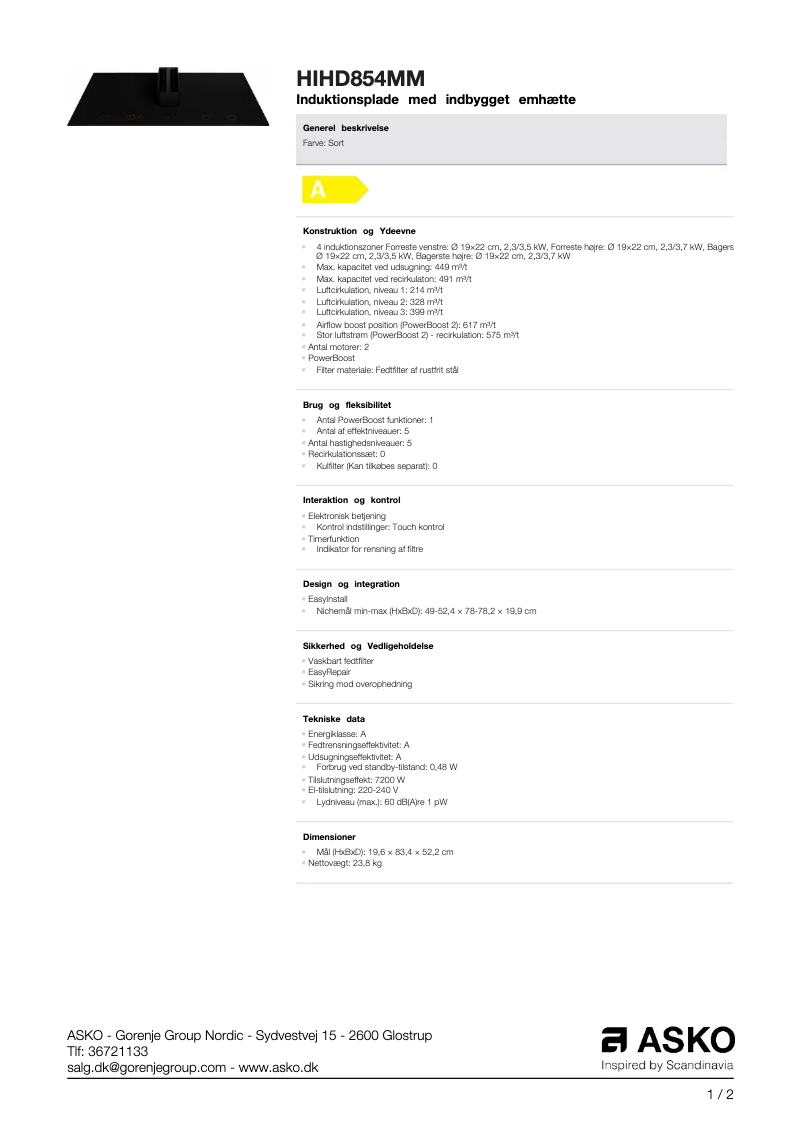 Page n°1 - Fiche technique Asko HIHD854MM