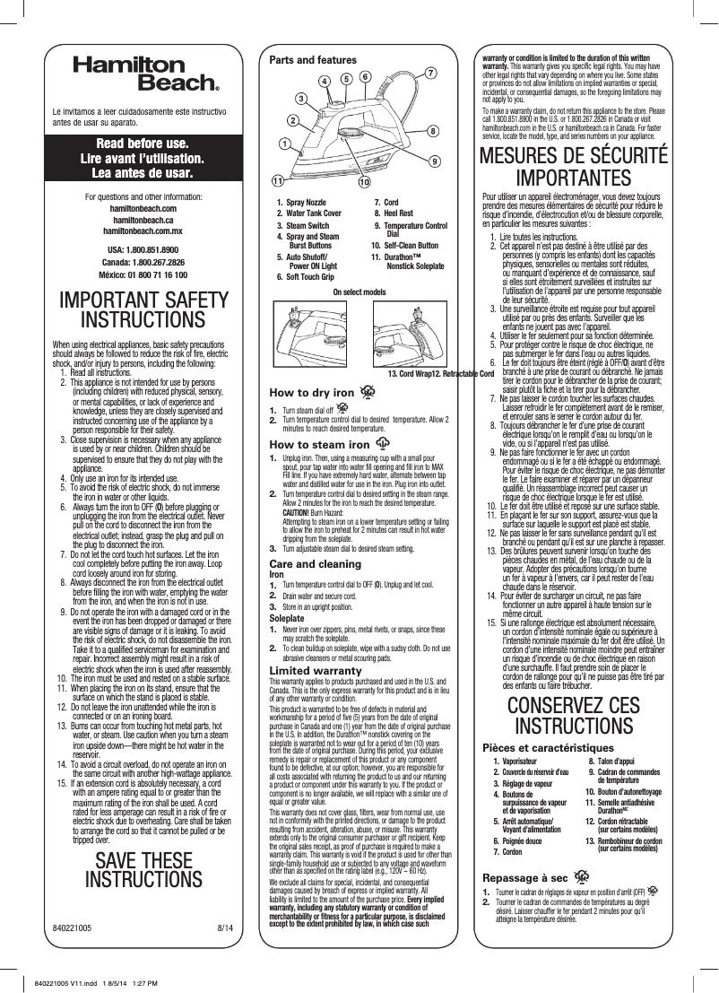 Page 1 de la notice Manuel utilisateur Hamilton Beach 19700