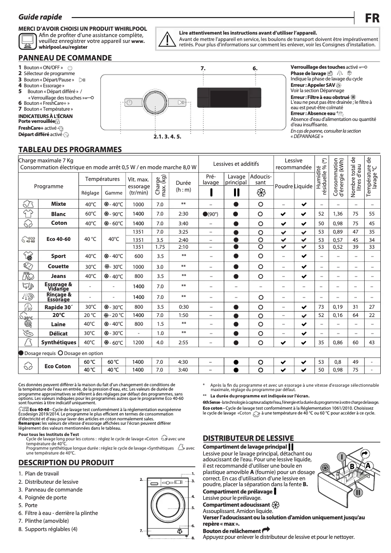Page 1 de la notice Manuel utilisateur Whirlpool FFS 7438 W EE
