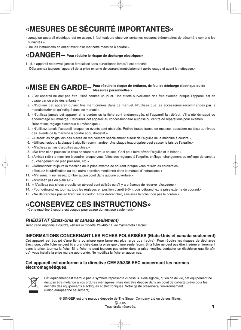 Page n°1 - Manuel utilisateur Singer Futura CE-350