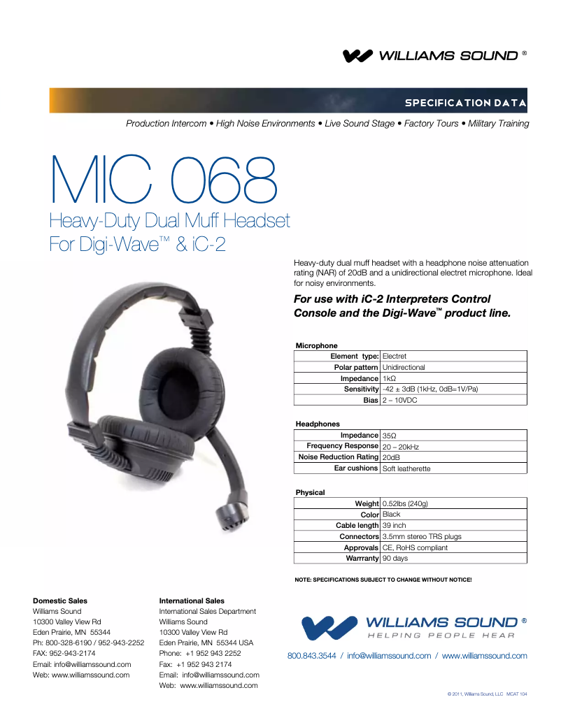 Page n°1 - Manuel utilisateur Williams Sound Heavy-Duty Dual Muff MIC 068