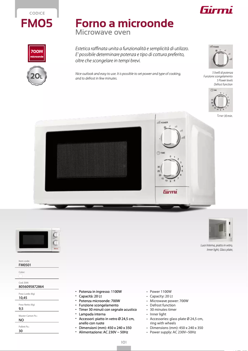 Page 1 de la notice Fiche technique Girmi FM05