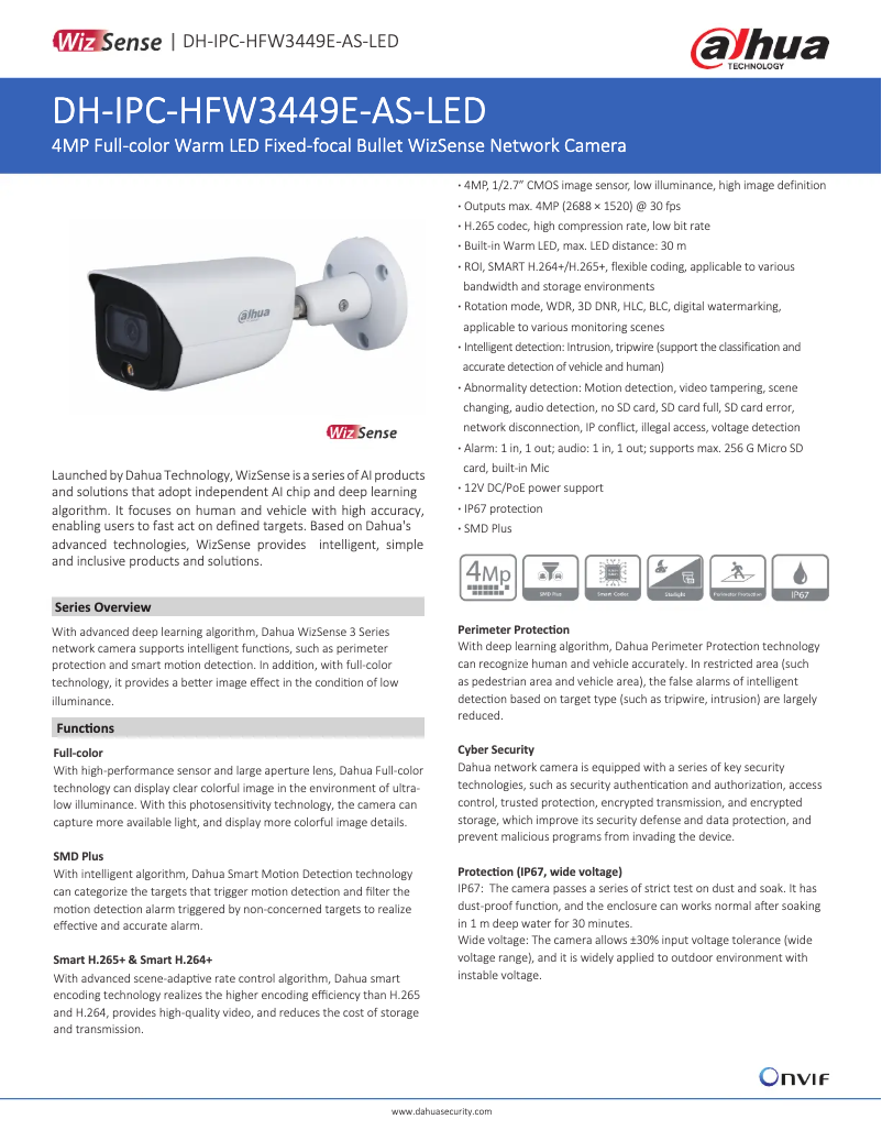 Page 1 de la notice Fiche technique Dahua Technology IPC-HFW3449E-AS-LED