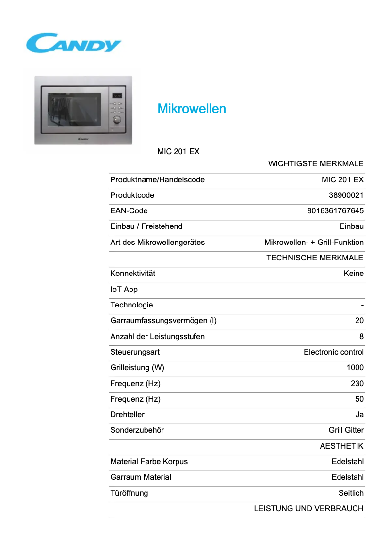 Page 1 de la notice Fiche technique Candy MIC 201 EX