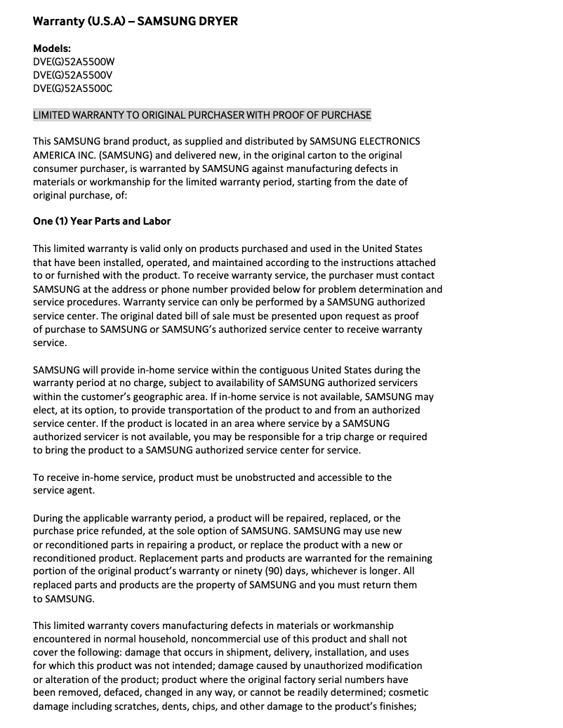 Page 1 de la notice Informations de garantie Samsung DVG52A5500C