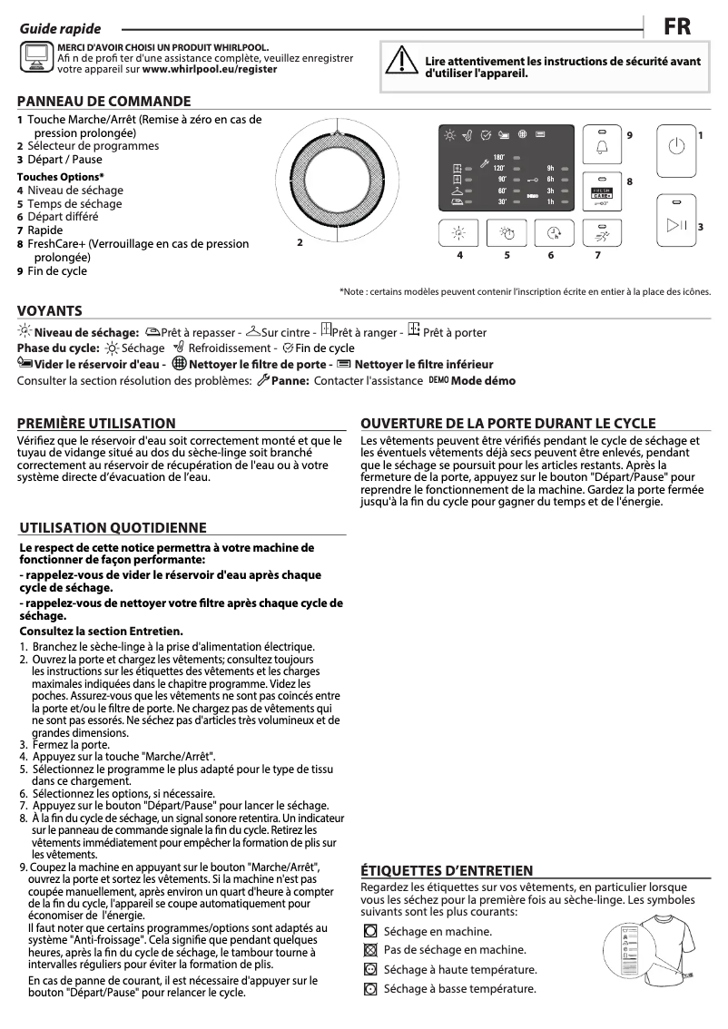 Page 1 de la notice Manuel utilisateur Whirlpool FFT CM10 8BB NA