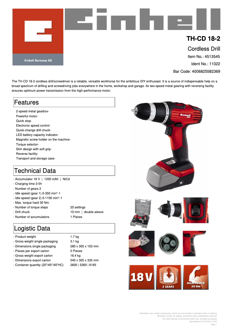 Page 1 de la notice Fiche technique Einhell TH-CD 18-2