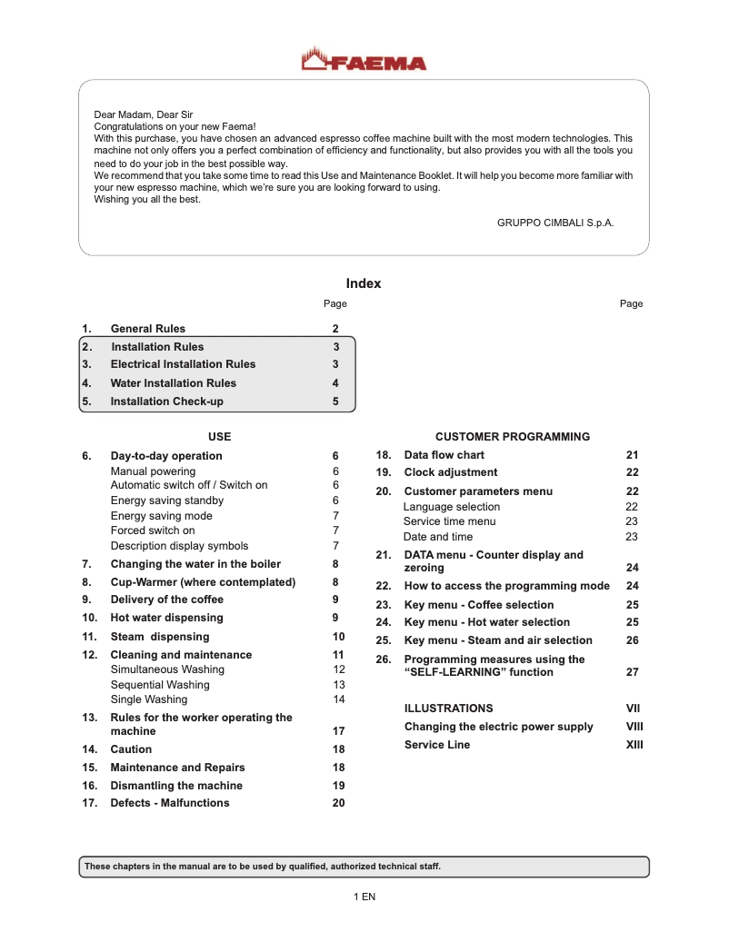 Page n°1 - Manuel utilisateur Faema Teorema
