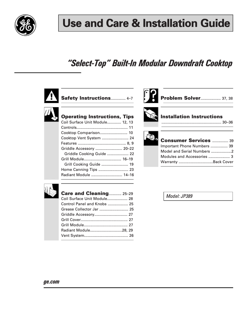 Page 1 de la notice Manuel d'utilisation et d'entretien GE Select-Top JP389WJWW