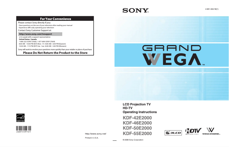 Page 1 de la notice Manuel utilisateur Sony KDF-42E2000