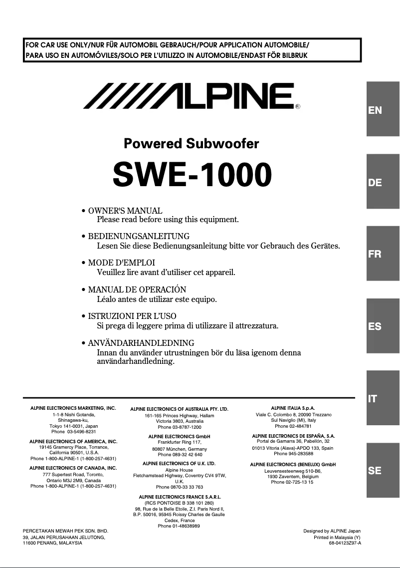 Page n°1 - Manuel utilisateur Alpine SWE-1000