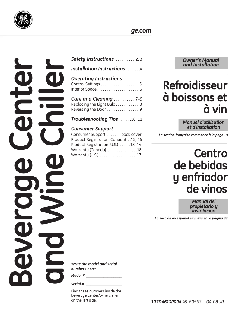Page 1 de la notice Manuel d'utilisation et d'entretien GE GVS04BDWSS