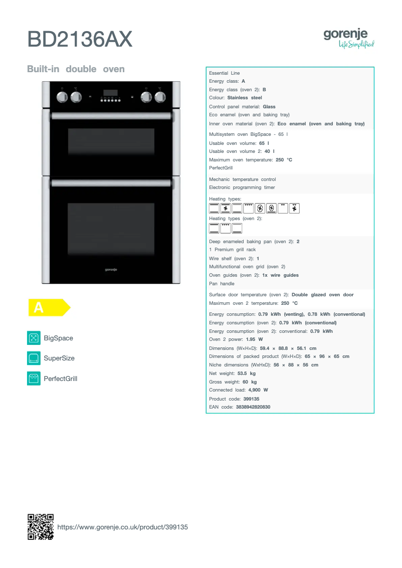 Página 1 del manual Ficha técnica Gorenje BD2136AX
