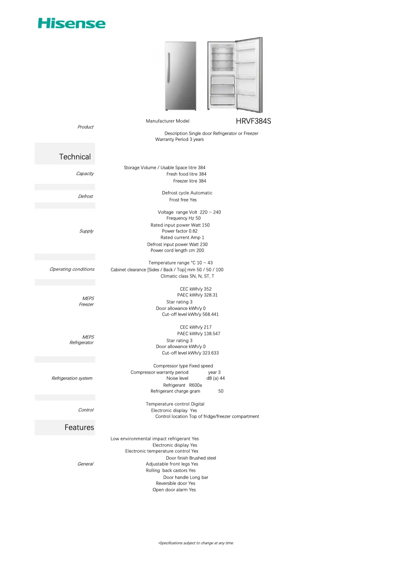 Page 1 de la notice Fiche technique Hisense HRVF384S