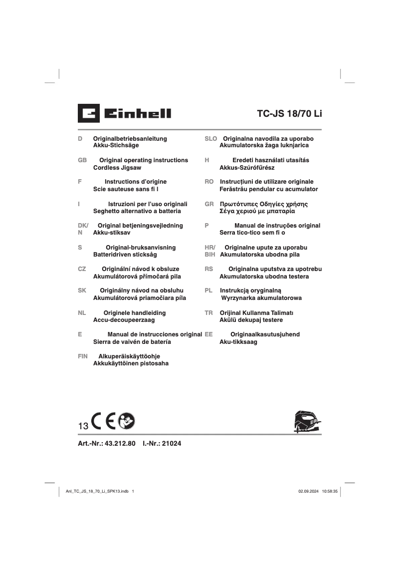 Page 1 de la notice Manuel utilisateur Einhell TC-JS 18/70 Li