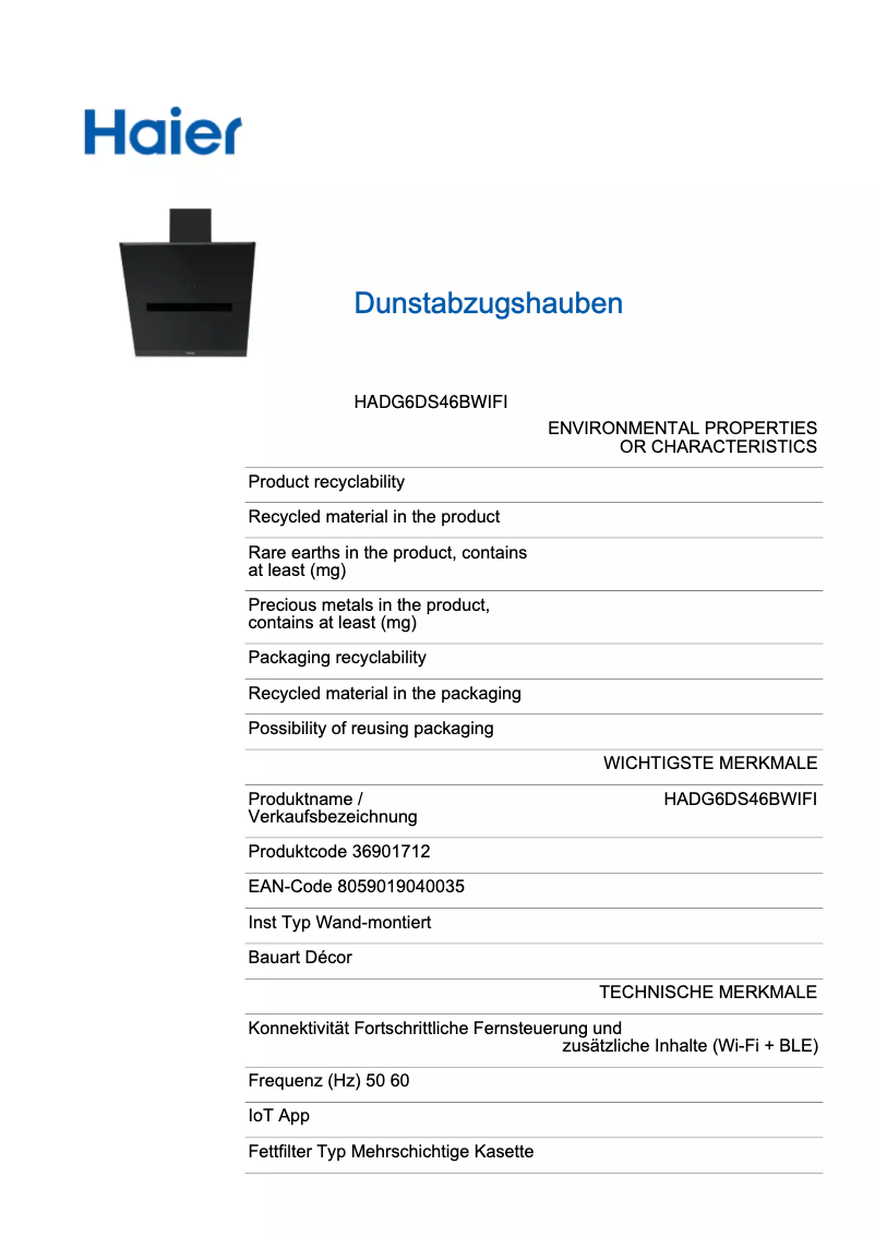 Page n°1 - Fiche technique Haier I-Link HADG6DS46BWIFI