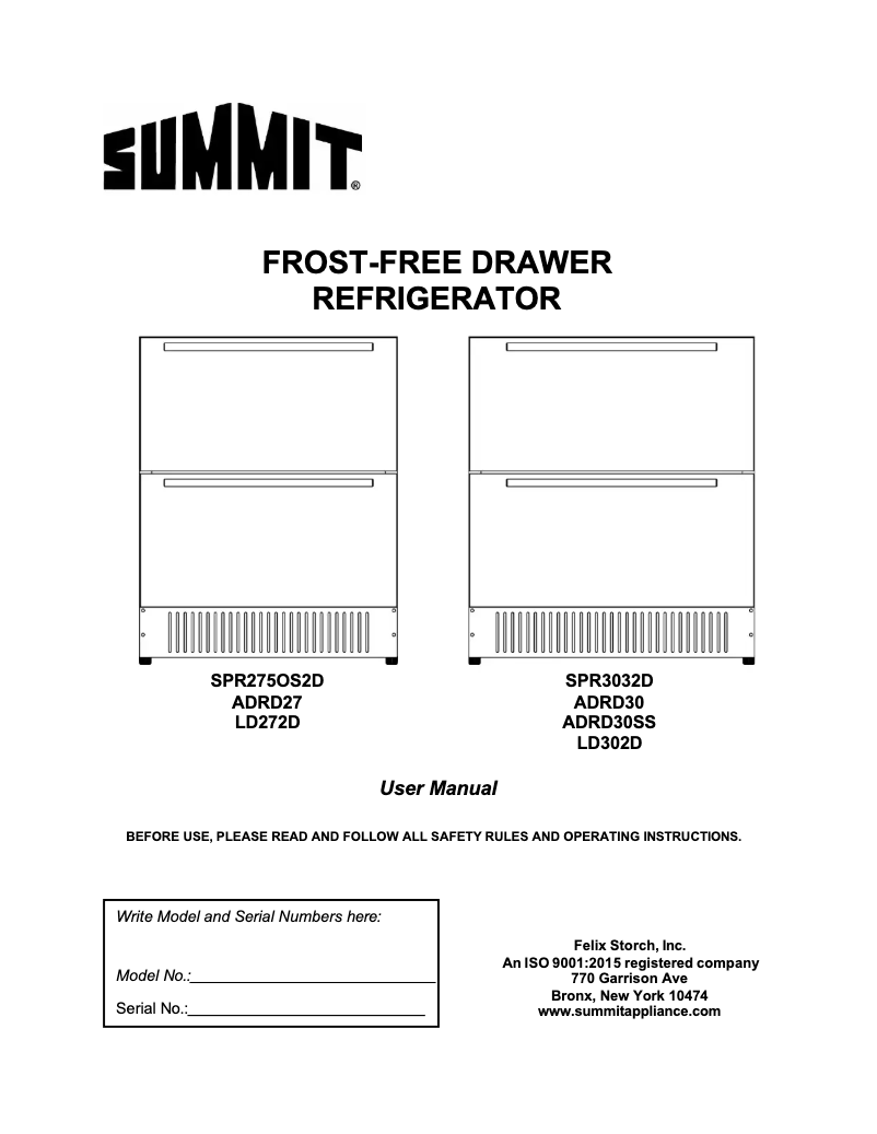 Page n°1 - Manuel utilisateur Summit SPR275OS2D