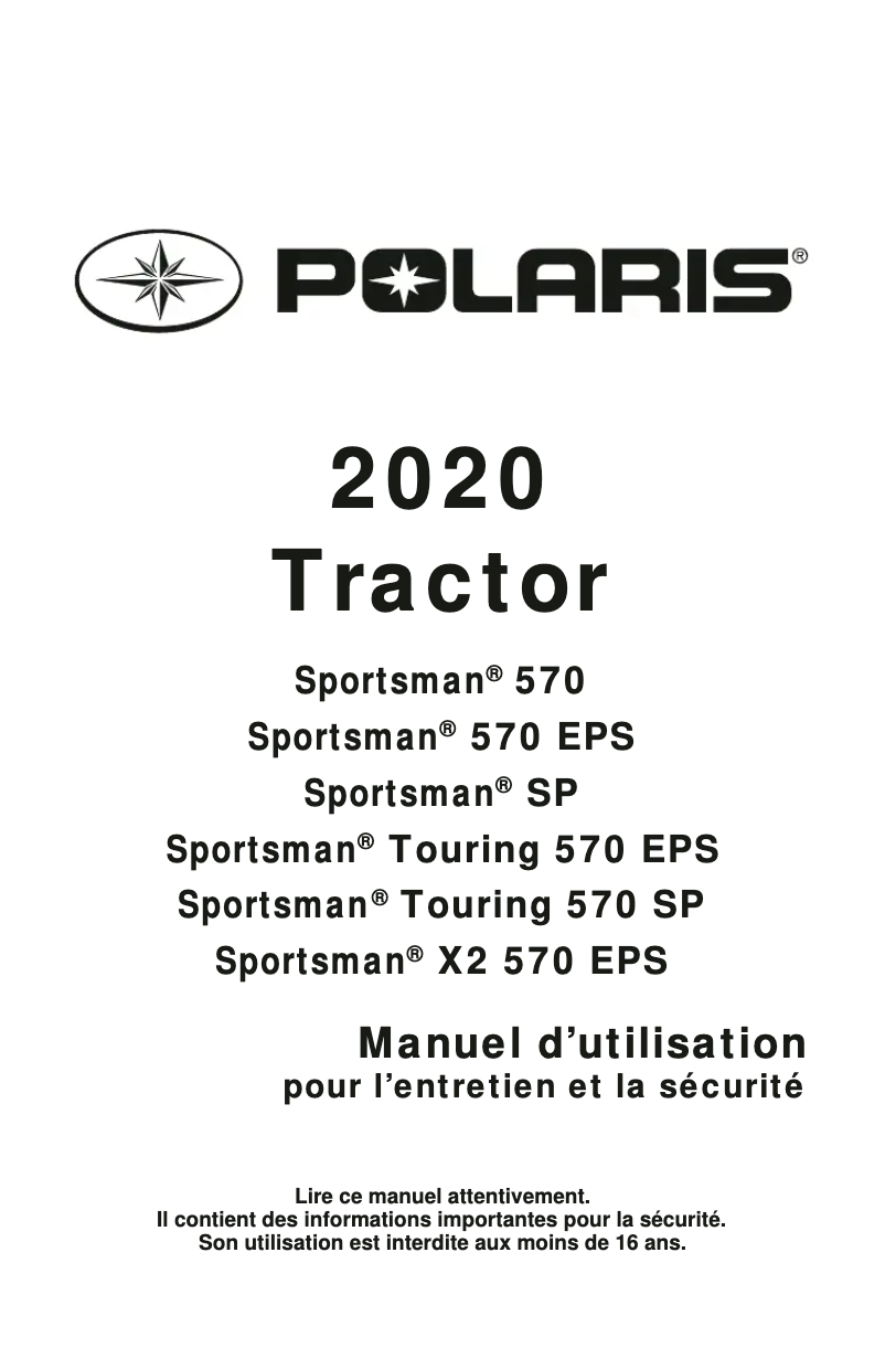 Page 1 de la notice Manuel utilisateur Polaris Sportsman Touring 570 EPS (2020)
