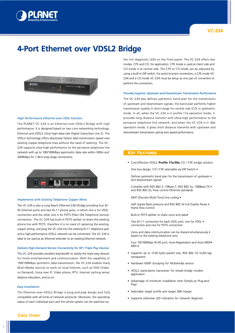 Page 1 de la notice Fiche technique Planet VC-234