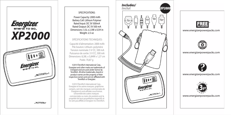 Page 1 de la notice Manuel utilisateur Energizer XP2000 Powerpack