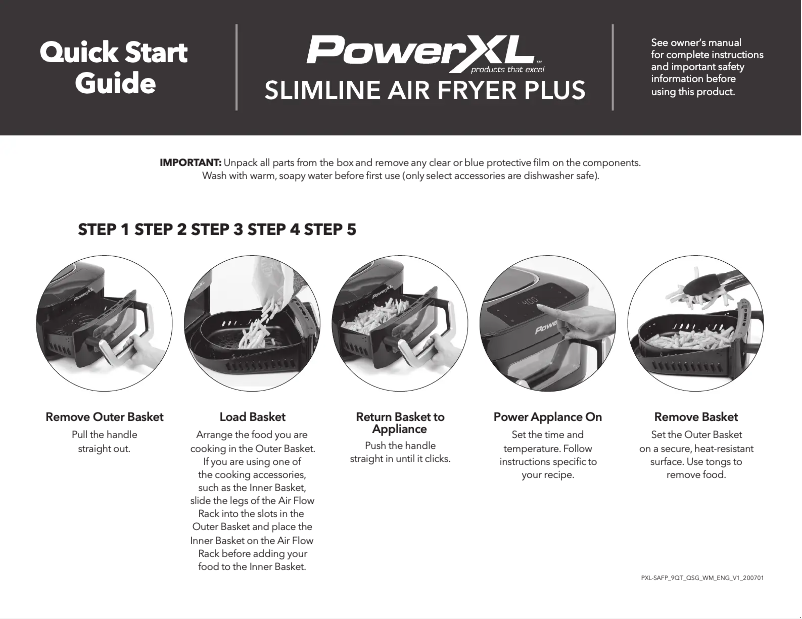 Page 1 de la notice Guide de démarrage rapide PowerXL Slimline Air Fryer Plus LF-50