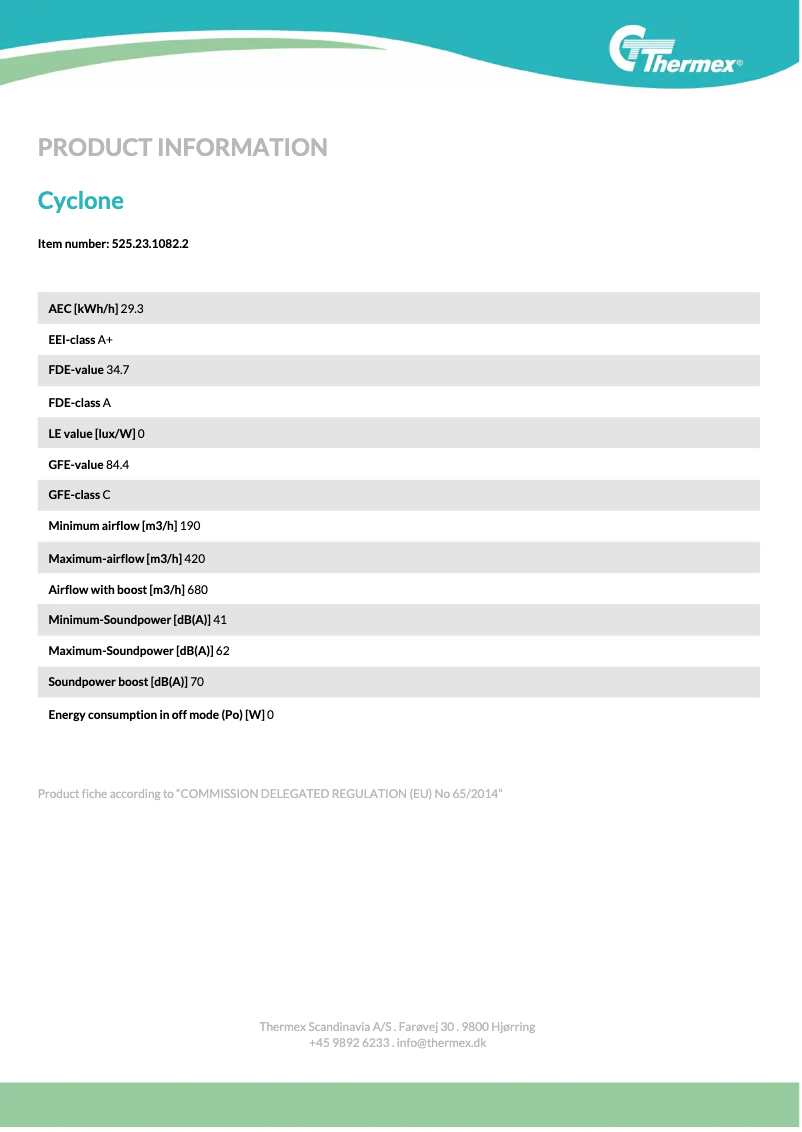 Page 1 de la notice Fiche technique Thermex Cyclone