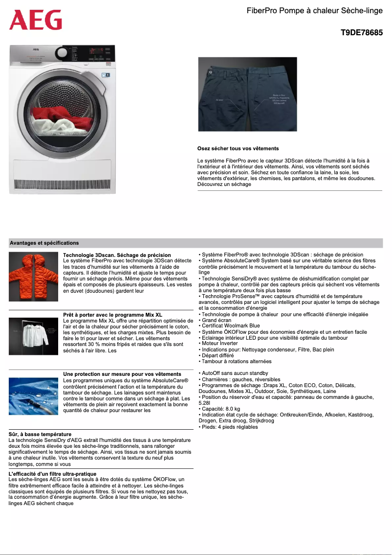 Página 1 del manual Ficha técnica AEG T9DE78685