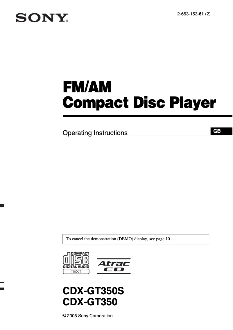 Page 1 de la notice Manuel utilisateur Sony CDX-GT350S