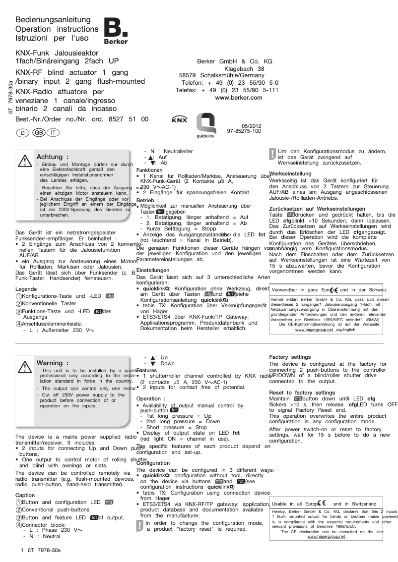 Page n°1 - Manuel utilisateur Berker 85275100