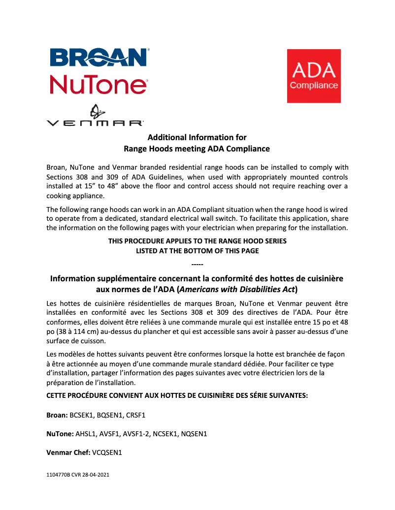 Page 1 de la notice Instructions / montage Broan BCSEK124SS