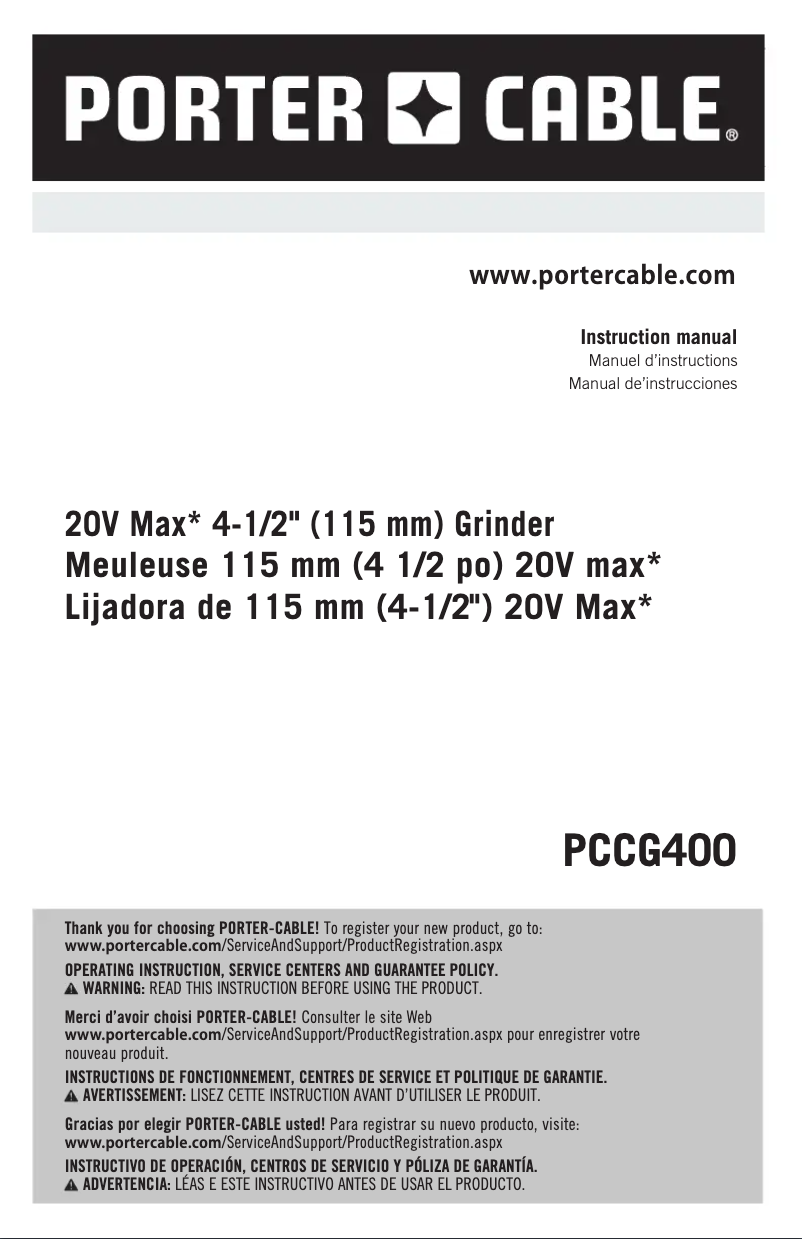 Page 1 de la notice Manuel utilisateur Porter-Cable PCCG400
